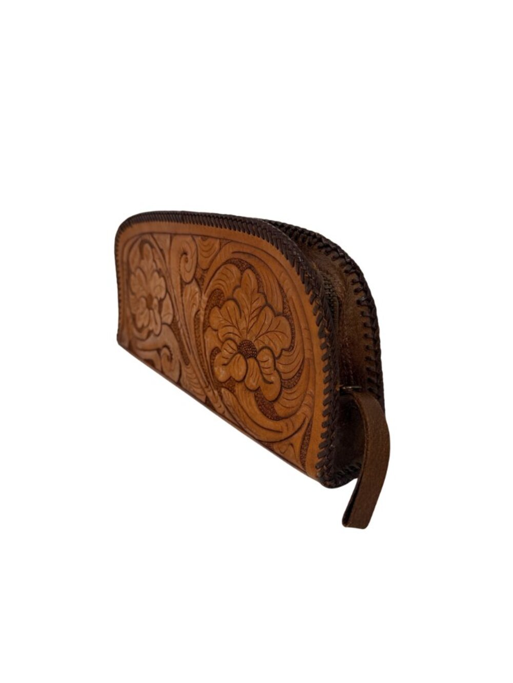 Vintage Tooled Leather Clutch Floral Brown Zipper Pouch 12 Inch Boho Western 197 - Picture 4 of 10